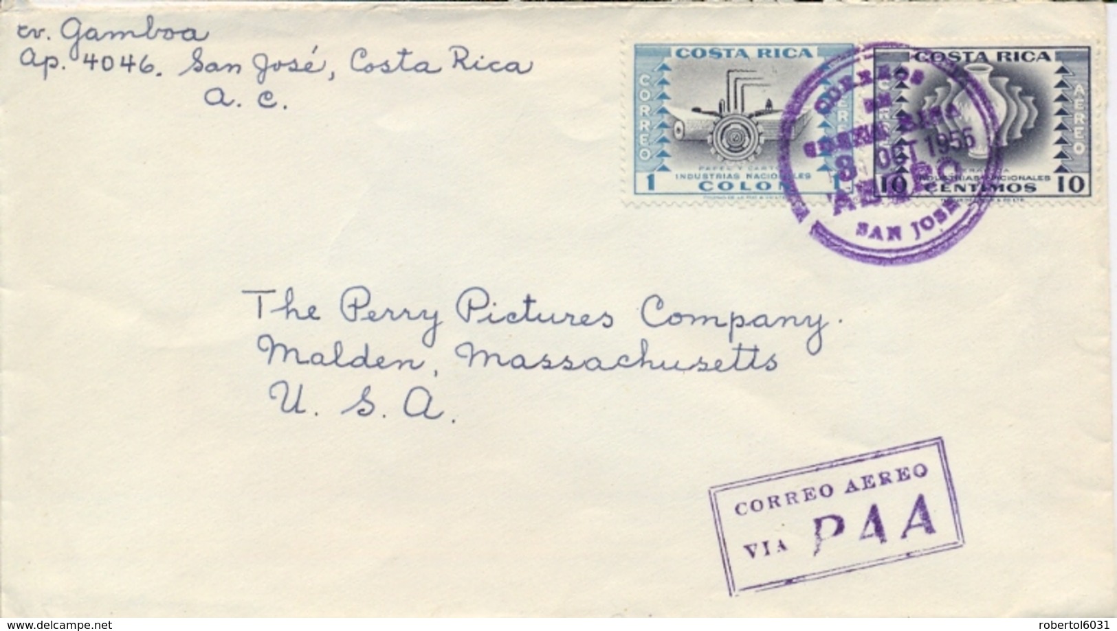 Costa Rica 1955 Airmail Cover To USA Via PAA With 10 Ctm + 1 Colon - Costa Rica