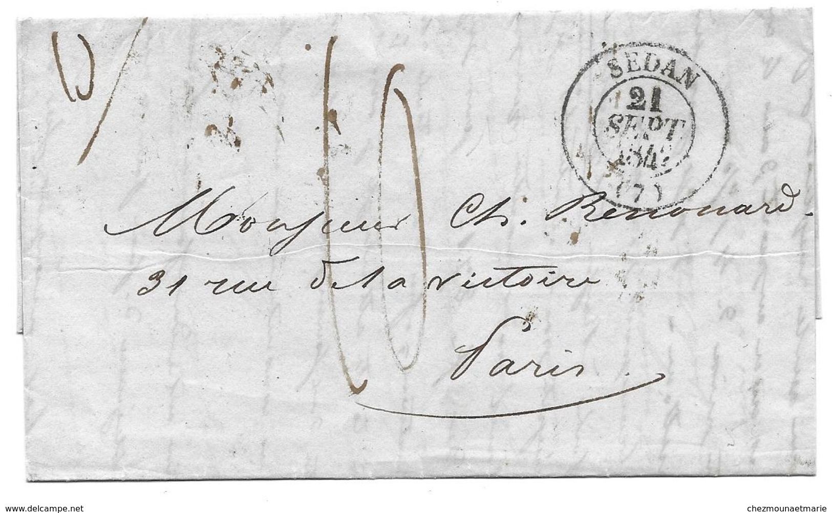 MARQUE POSTALE 1842 SEDAN PARIS TAXE 10 CAD LAC LETTRE RENOUARD - 1801-1848: Precursores XIX