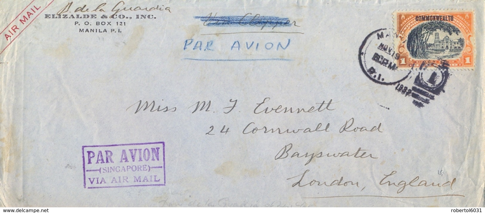 Philippines 1937 Airmail Cover To Great Britain Via Singapore With 1 Peso - Filippine