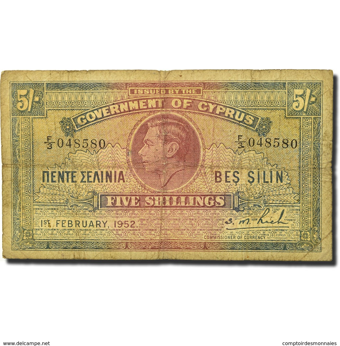 Billet, Chypre, 5 Shillings, 1952-02-01, KM:29, TB - Cyprus