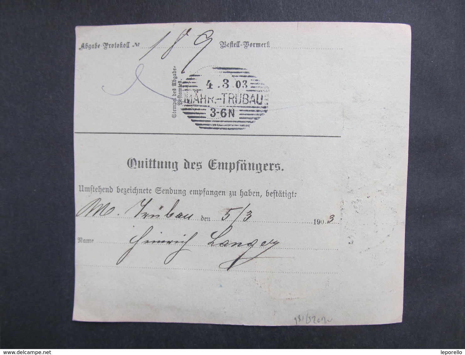 Postbegleitadresse Warnsdorf - Mährisch Trübau 1903 Paketschein ////   D*37578 - Briefe U. Dokumente