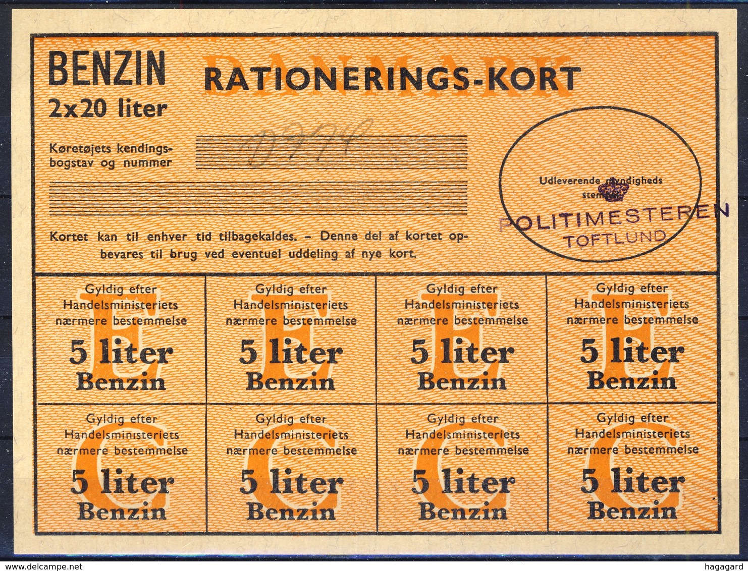 +Denmark 1940-45. Rations Cards. Petrol 5 Liters. - Non Classés