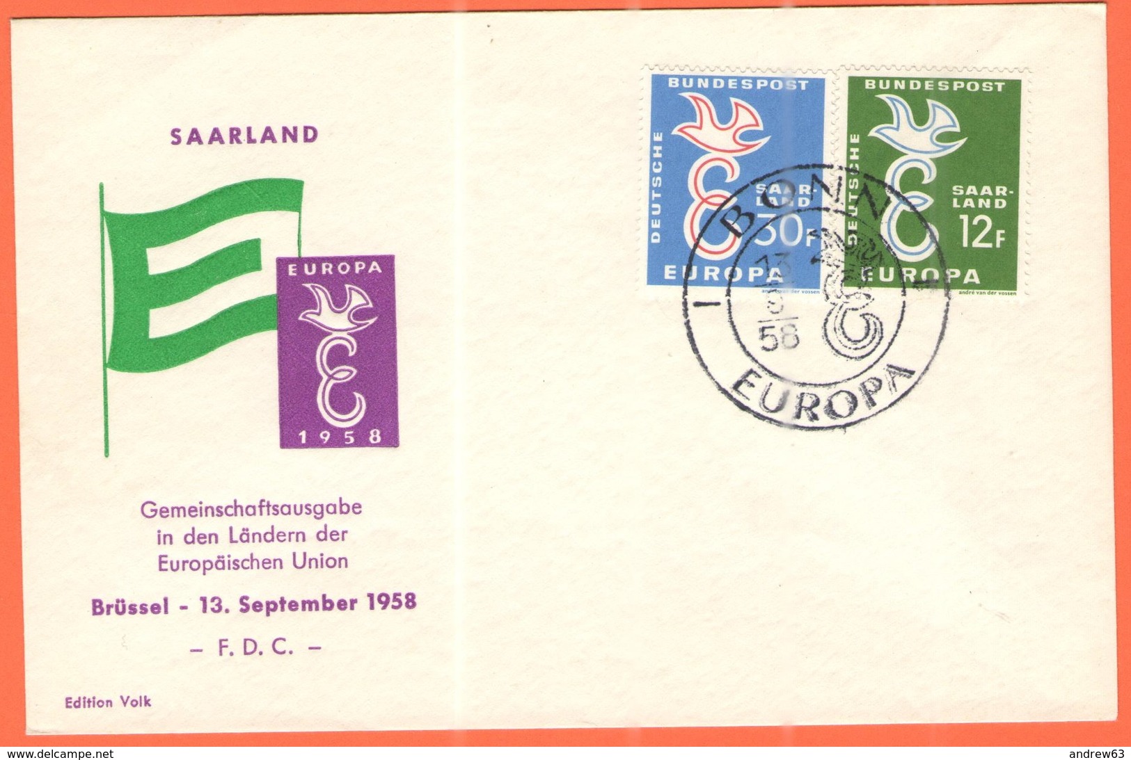 GERMANIA - GERMANY - Deutschland - ALLEMAGNE - 1958 - Europa Cept - Saar - Saarland - FDC - Bonn - 1958