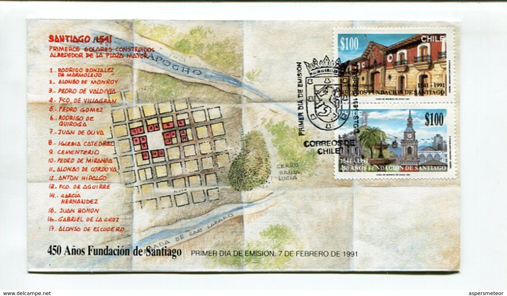 450 AÑOS DE LA FUNDACION DE SANTIAGO. CHILE 1991. ENVELOPE FDC, SOBRE DIA DE EMISION - LILHU - Chile