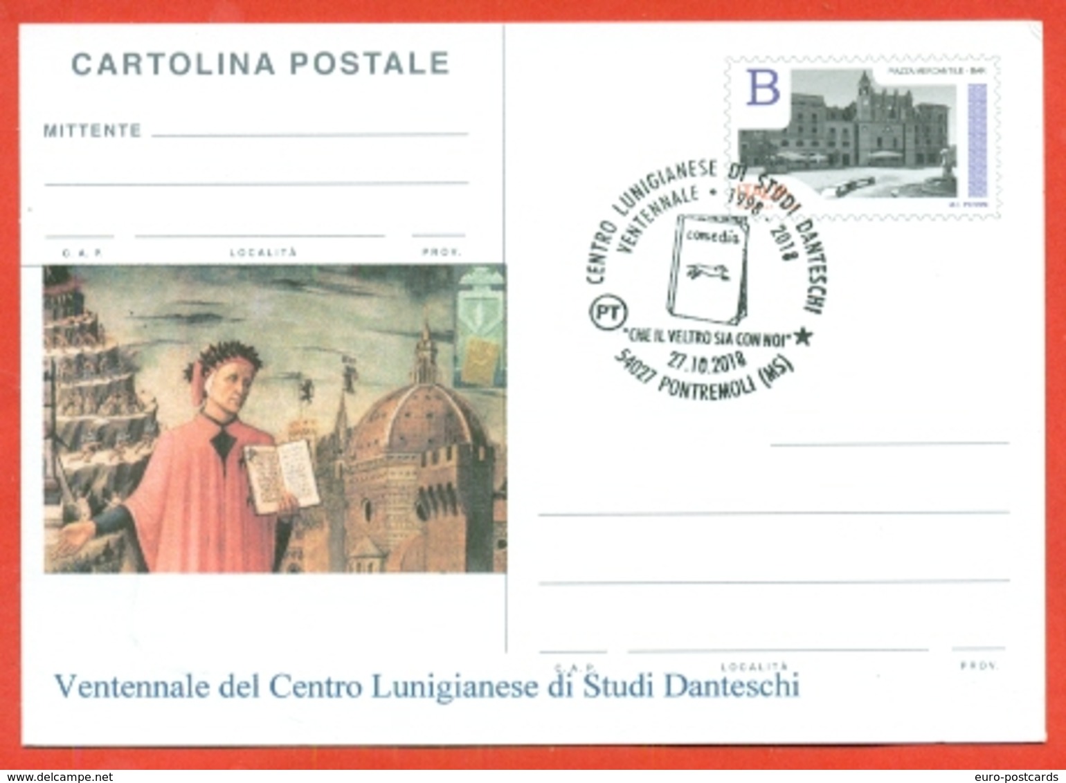 INTERI POSTALI-CARTOLINA POSTALE SOPRASTAMPA PRIVATA-MARCOFILIA-PONTREMOLI-DANTE ALIGHIERI - Scrittori