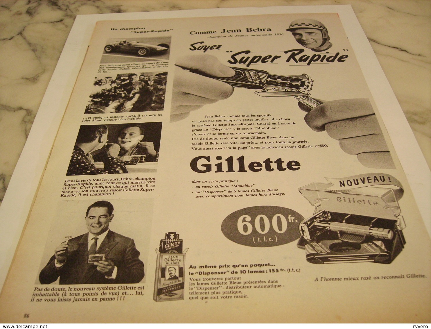 ANCIENNE PUBLICITE UN CHAMPION SUPER RAPIDE COMME  JEAN BEHRA ET GILLETTE 1958 - Autres & Non Classés