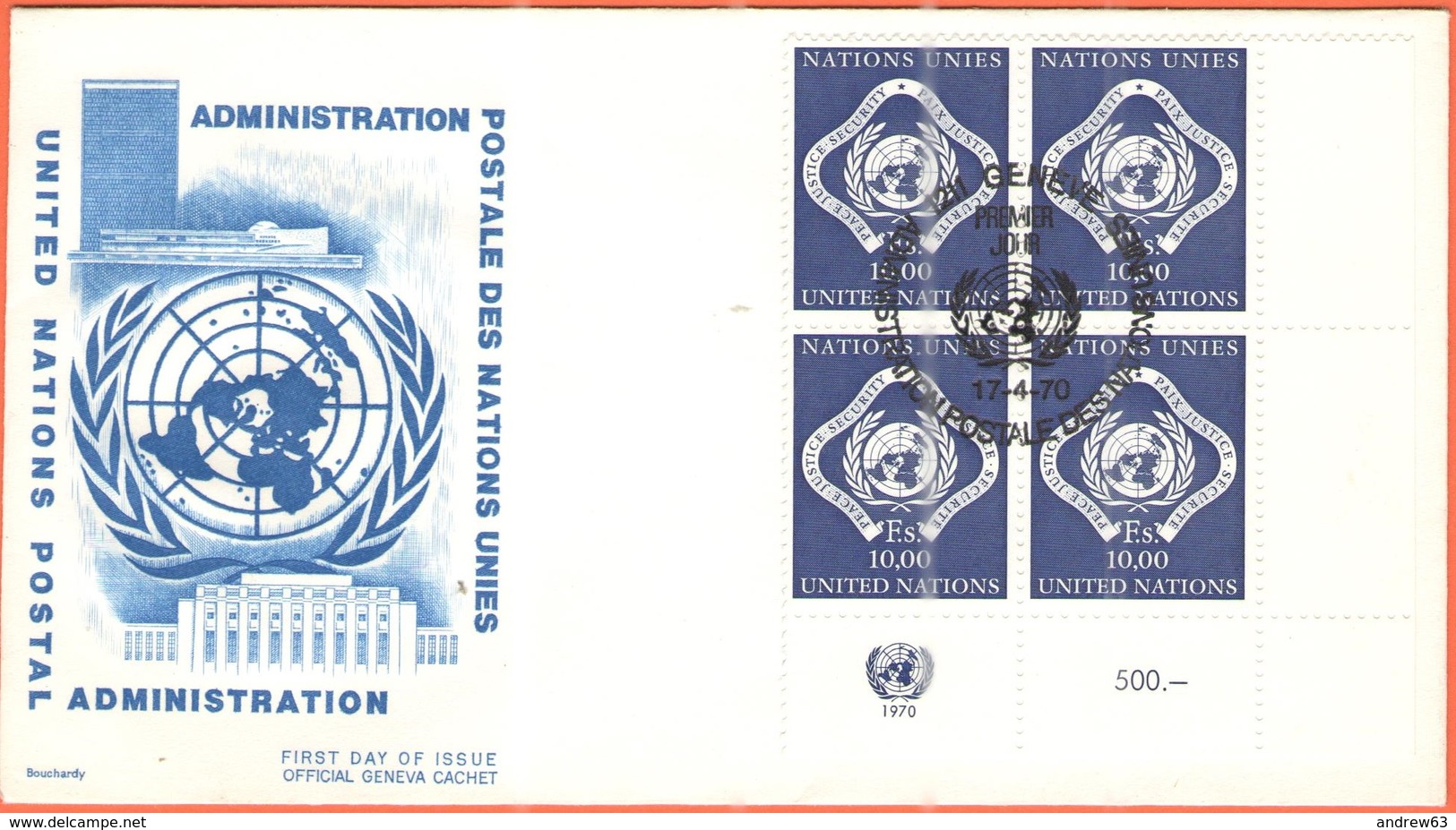 ONU - NAZIONI UNITE - UNITED NATIONS - NATIONS UNIES - 1970 - Block Of 4 Administration Postale Des Nations Unies - Genè - FDC