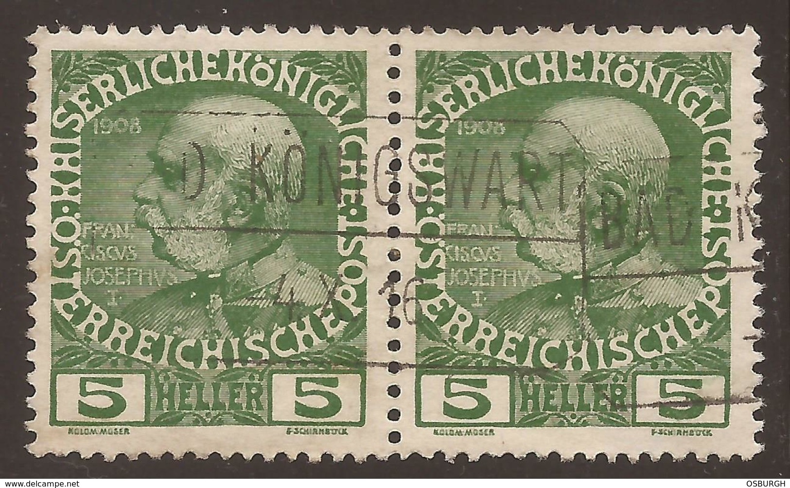 AUSTRIA / CZECH / BOHEMIA. BOXED KONIGSWART POSTMARK. 5h PAIR USED - Used Stamps