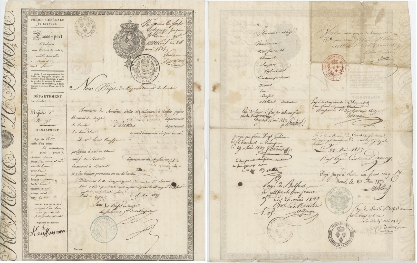 Passeport Héraldique Troyes, Basel Suisse Bâle Ville Militaire Chaumont, Bar Sur Aube 1827 - Documentos Históricos