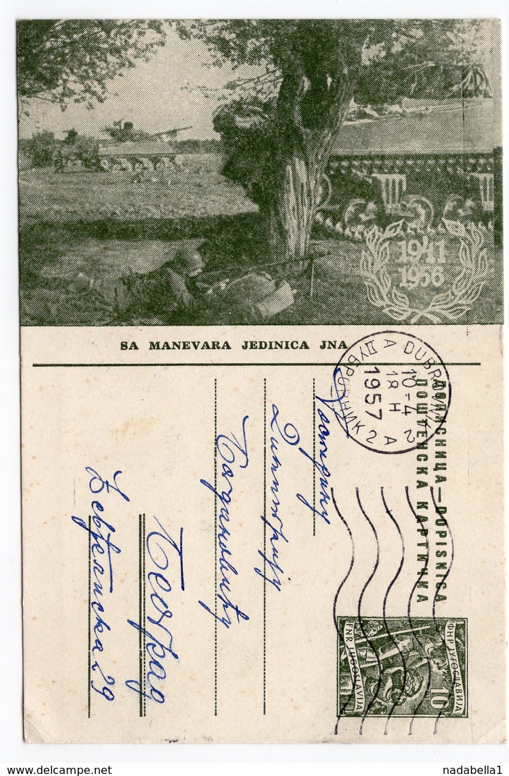 1956 YUGOSLAVIA,CROATIA,DUBROVNIK TO BELGRADE,TITO ON JNA MILITARY MANEUVERS,10 DIN. GREEN,USED STATIONERY CARD - Postal Stationery