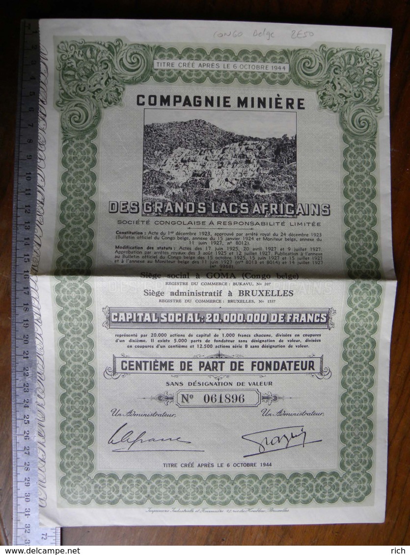 Titre Crée Après Le 6/10/1944 Compagnie Minière Des Grands Lacs Africains - Congo Belge - Part Sociale - - Autres & Non Classés