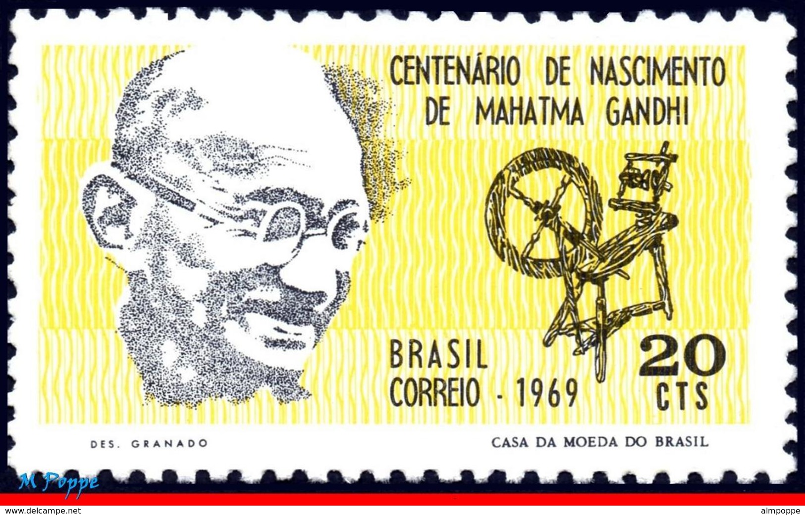 Ref. BR-1137 BRAZIL 1969 FAMOUS PEOPLE, MAHATMA GANDHI, LEADER, IN INDEPENDENCE OF INDIA, MI# 1230, MNH 1V Sc# 1137 - Mahatma Gandhi