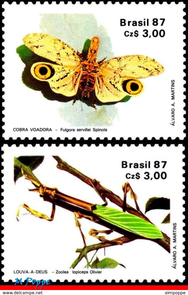 Ref. BR-2107-08 BRAZIL 1987 INSECTS, ENTOMOLOGICAL SOCIETY,, MANTIS, FLYING SNAKE, SET MNH 2V Sc# 2107-2108 - Neufs