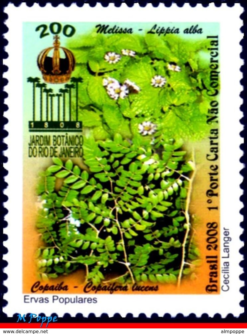 Ref. BR-3050 BRAZIL 2008 FLOWERS, PLANTS, BOTANICAL GARDEN OF RIO,, MEDICINAL POLULAR HERBS, MNH 1V Sc# 3050 - Medizin