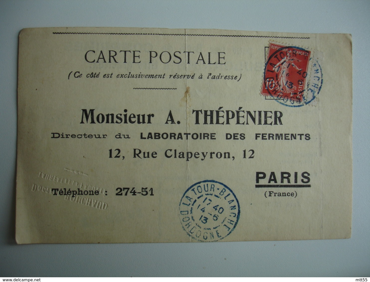 Obliteration Couleur Bleue La Tour Blanche 24  Sur Carte Reponse Laboratoire Thepenier - 1877-1920: Période Semi Moderne