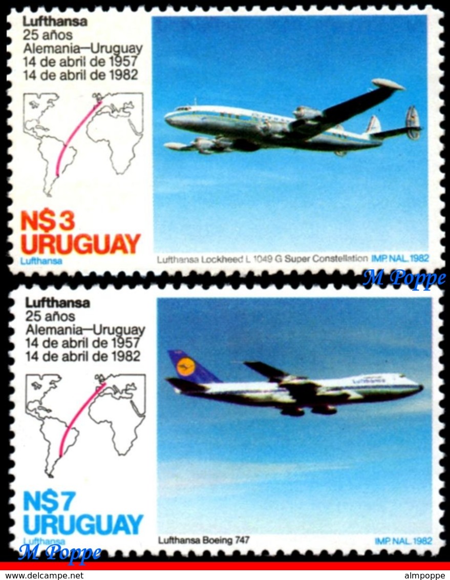 Ref. UR-1126-27 URUGUAY 1982 - PLANES, AVIATION, LUFTHANSA’S URUGUAY, GERMANY FLIGHT, 25TH ANNIV., MNH,2V Sc# 1126-1127 - Flugzeuge