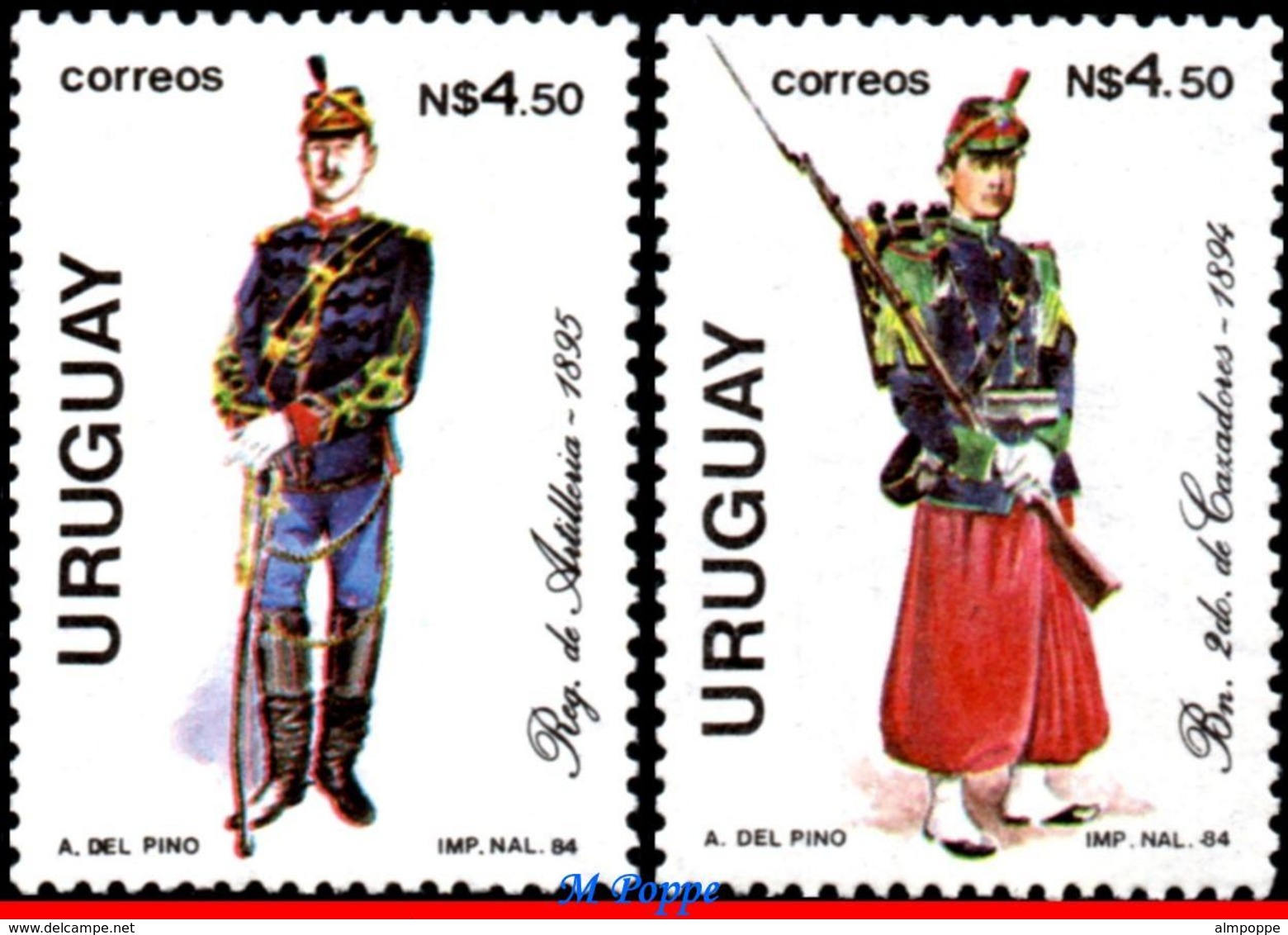 Ref. UR-1162-63 URUGUAY 1984 - MILITARY UNIFORMS,, SET MNH, COSTUMES 2V Sc# 1162-1163 - Uruguay