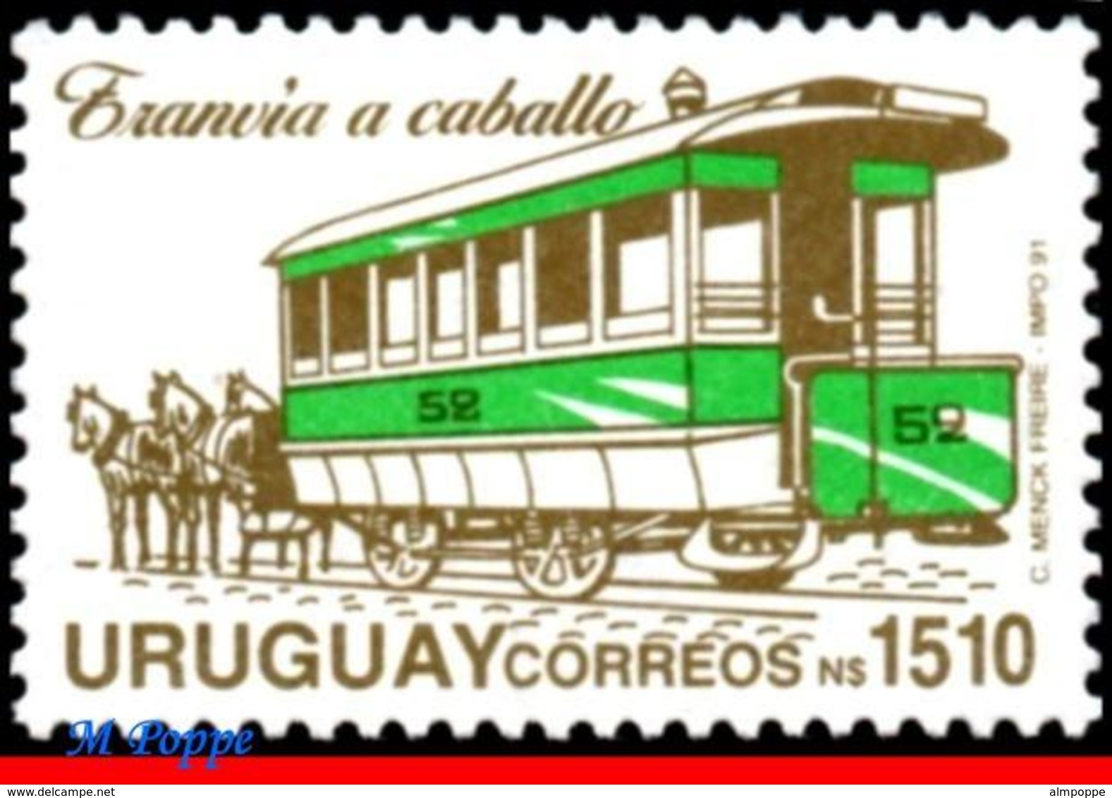 Ref. UR-1382 URUGUAY 1991 - RAILWAYS, TRAINS, HORSE-DRAWN STREETCAR,, MNH,1V Sc# 1382 - Trains