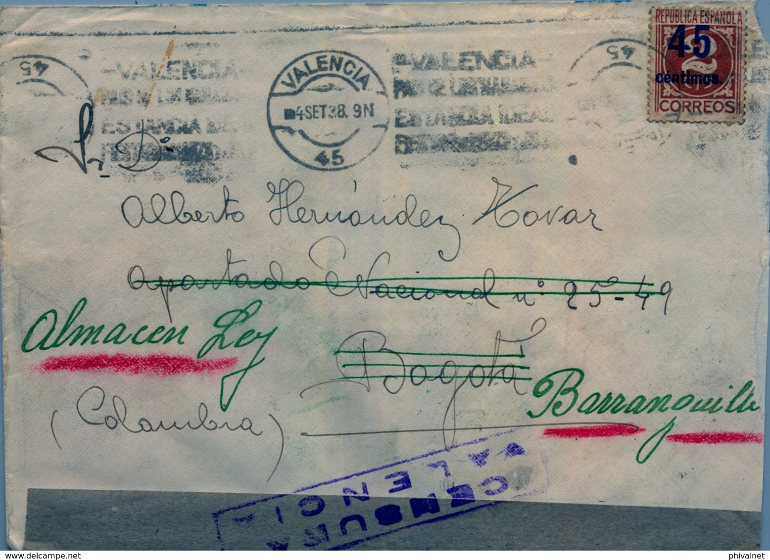 1938 , VALENCIA , SOBRE CIRCULADO A BOGOTÁ Y REDIRIGIDO A BARRANQUILLA , CENSURA VALENCIA , LLEGADA A AMBOS DESTINOS - Brieven En Documenten