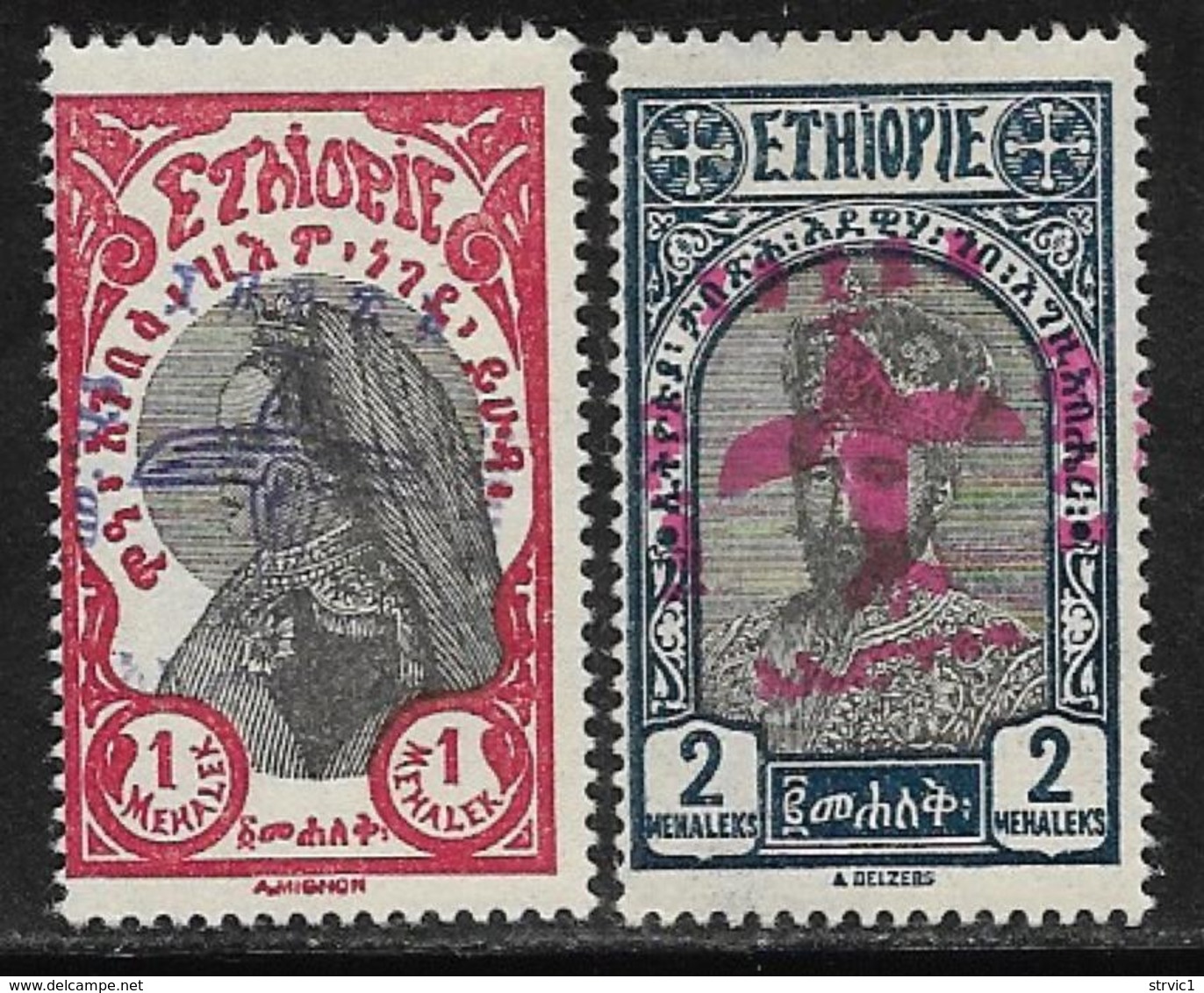 Ethiopia Scott # C4 Violet,C5 Red Mint Hinged 1928 Stamps Handstamped For Airmail,  1929 - Ethiopia