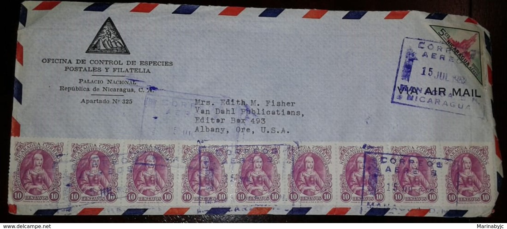 L) 1951 NICARAGUA, THE 500TH ANNIVERSARY OF THE BIRTH OF QUEEN ISABELLA, 10C, TRIANGLE, 5C, AIRMAIL, CIRCULATED COVER - Nicaragua