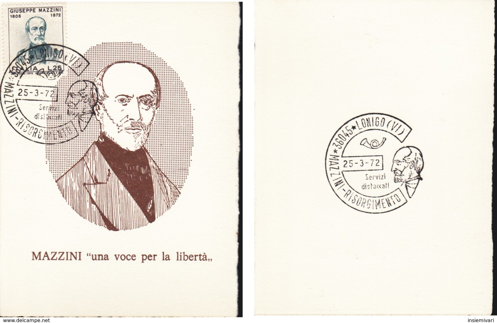 *ITALIA REP. 1972 - CARTONCINO  Con Annullo LONIGO - Centenario Mazziniano. - 1971-80: Poststempel