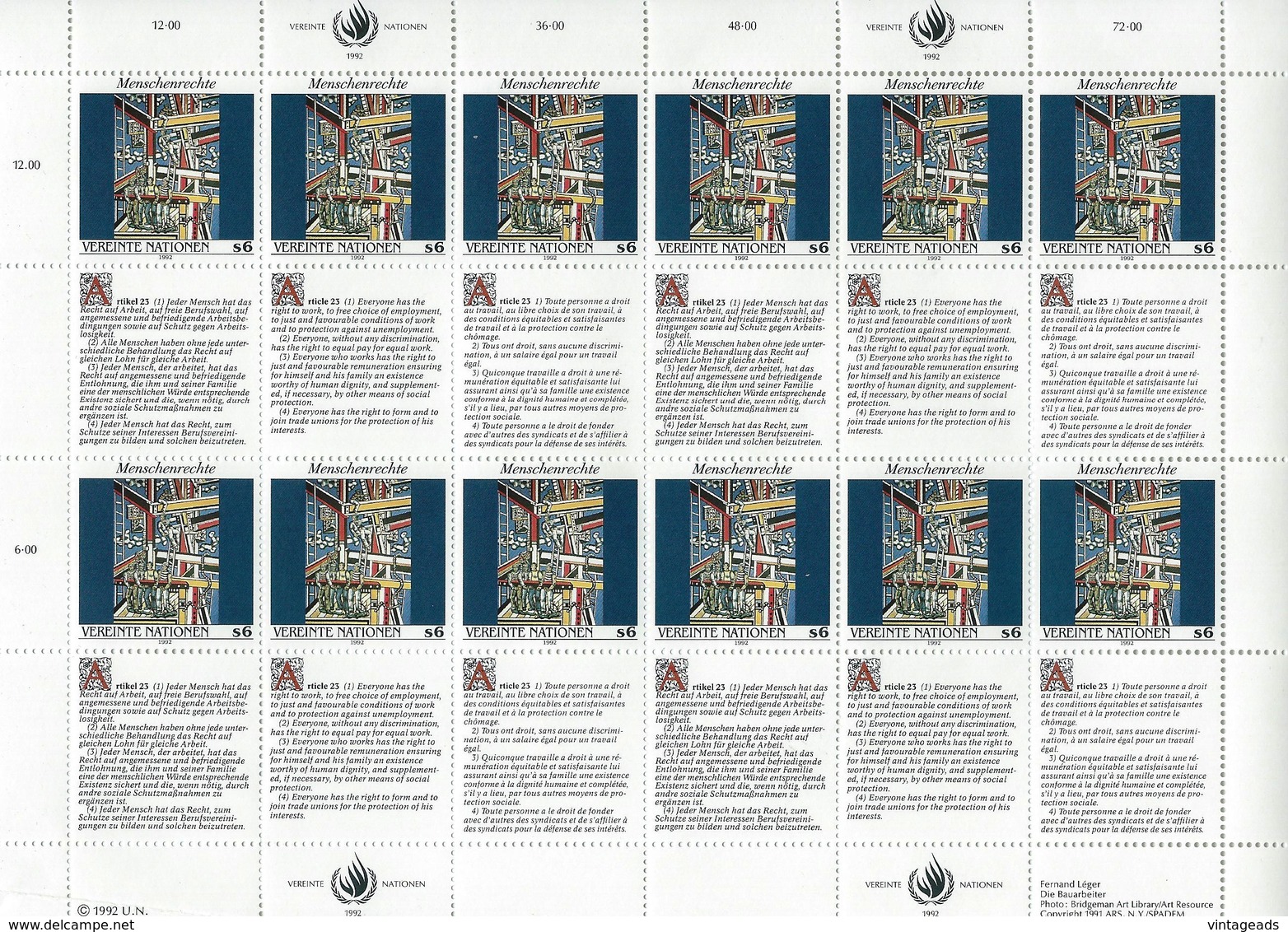 BM209 UNO Wien, Artikel 5 Menschenrechte, Bogen Mit 12 Werten, Mi 139 KB Postfrisch - Ungebraucht
