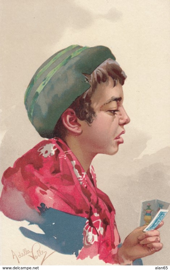 Artist Signed Italy Vallez Image Boy With Picture Cards, C1900s Vintage Postcard - Other & Unclassified