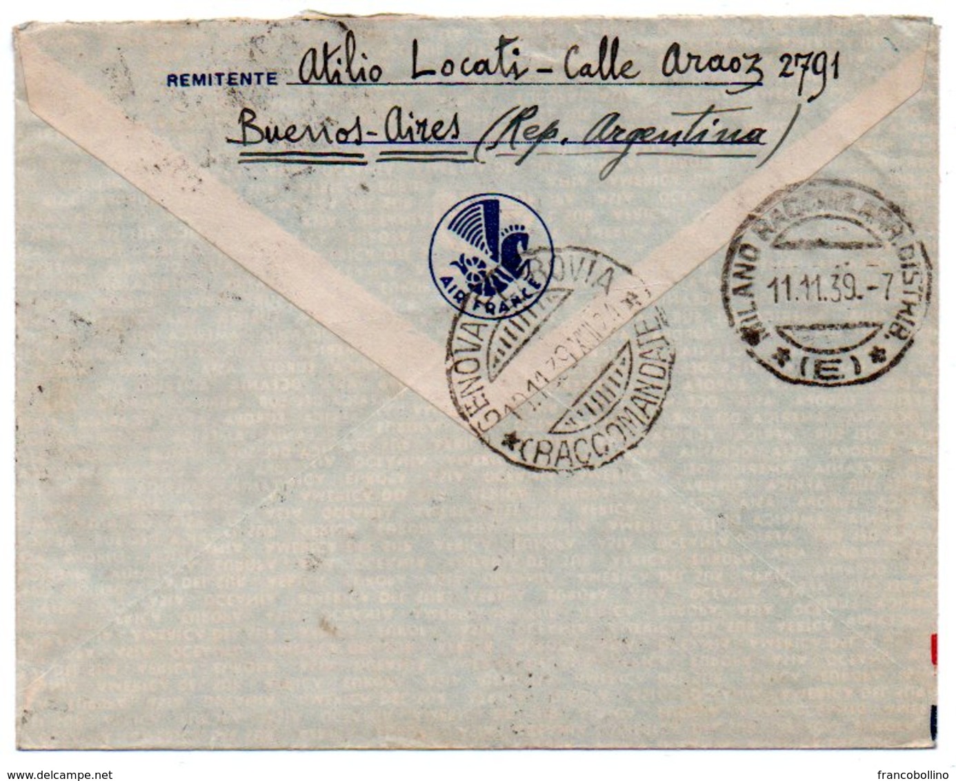 ARGENTINA - REGISTERED AIR MAIL COVER TO ITALY 1939 / AIR FRANCE - Storia Postale