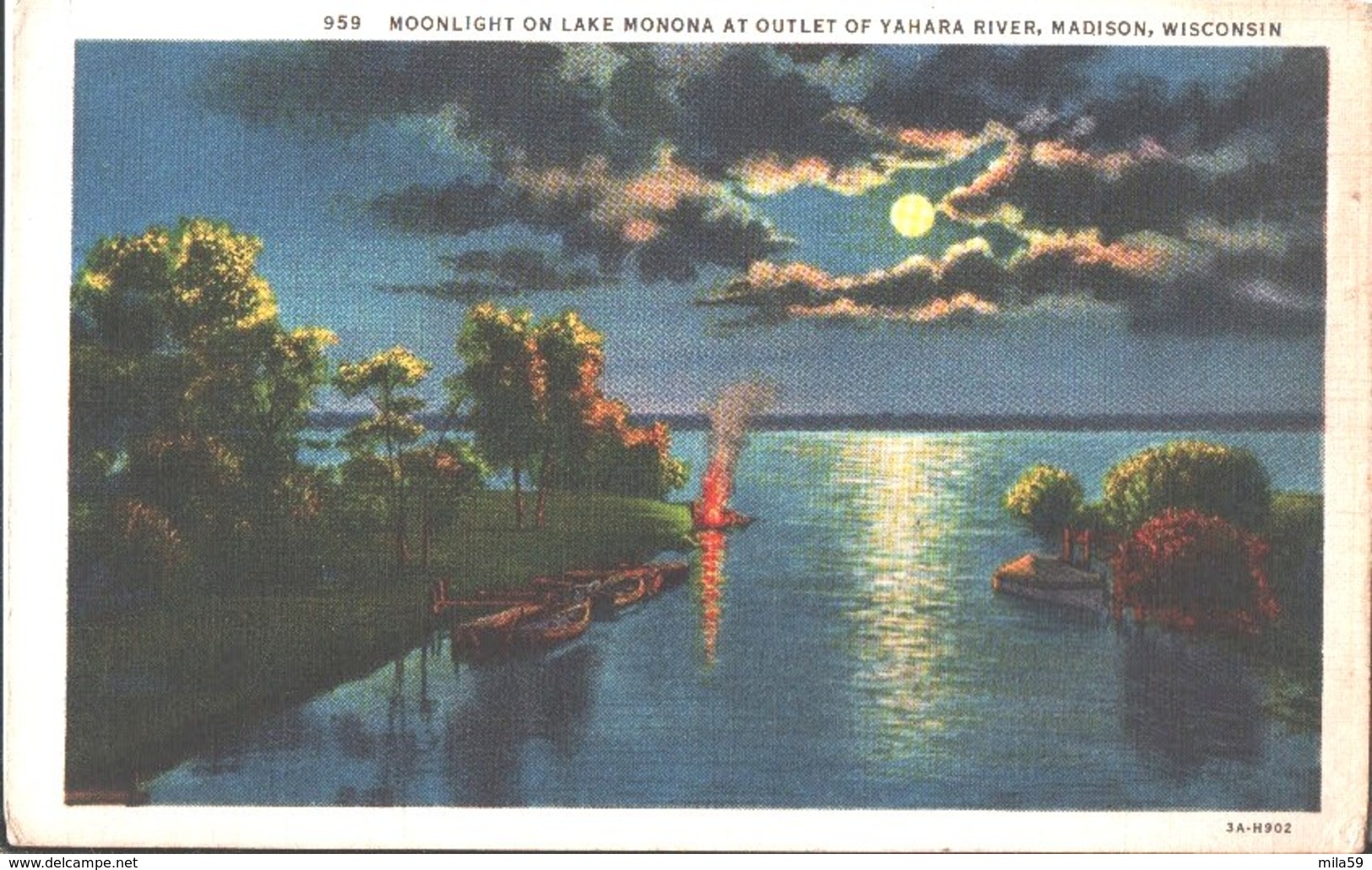 959. Moonlight On Lake Monona At Outlet Of Yahara River, Madison, Wisconsin. Hermanof - Madison