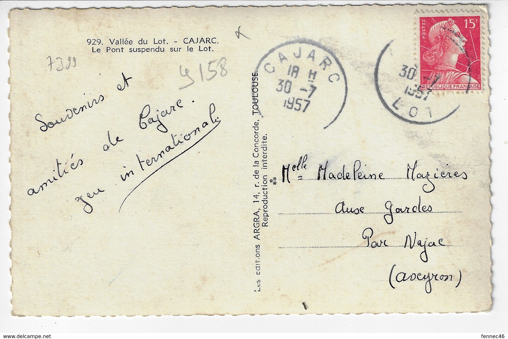 46 - CAJARC - Le Pont Suspendu Sur La Lot - Animée - 1957 (Y158) - Other & Unclassified