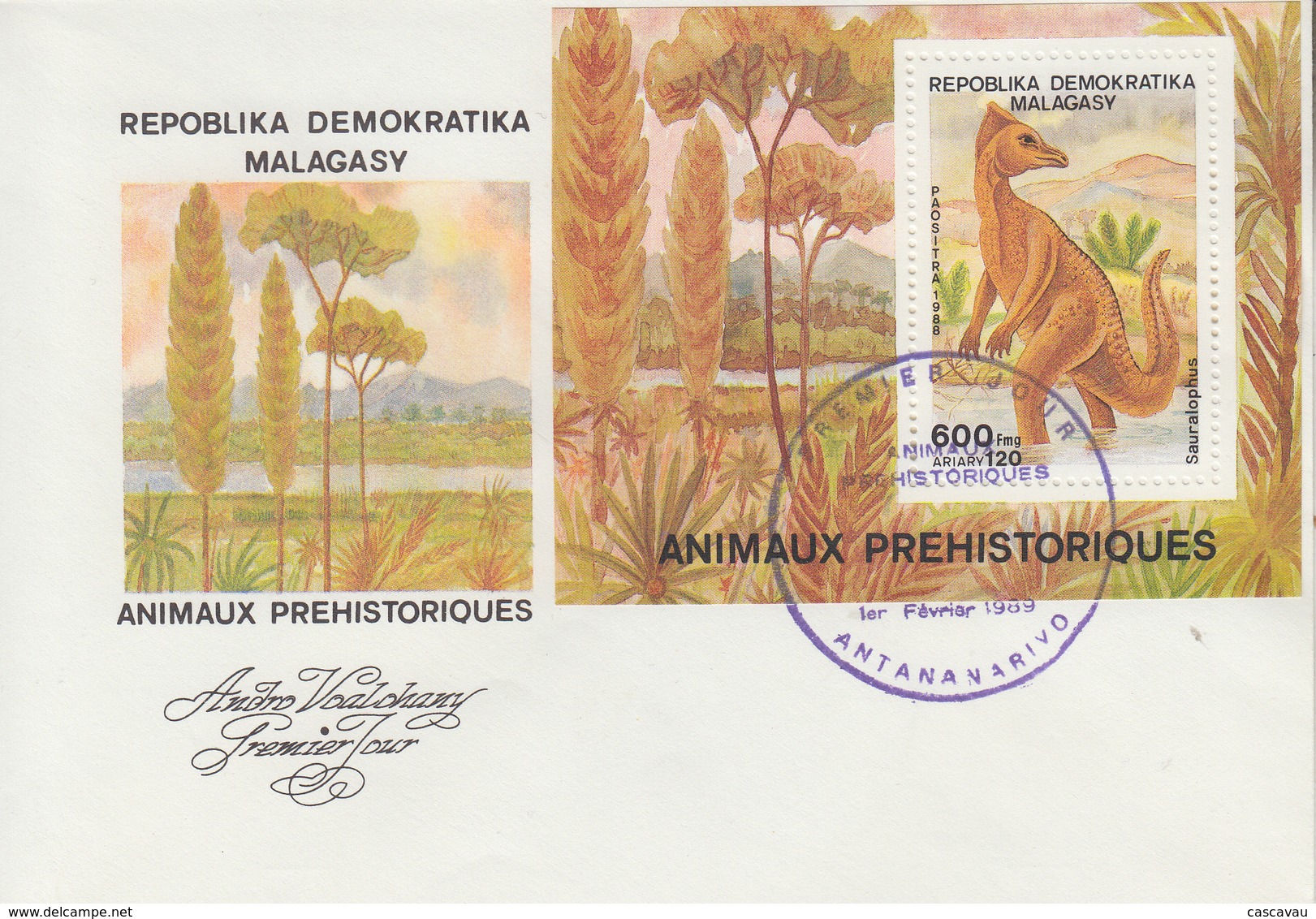 Enveloppe  FDC  1er  Jour    MADAGASCAR    Bloc    ANIMAUX  PREHISTORIQUES   1989 - Prehistorisch