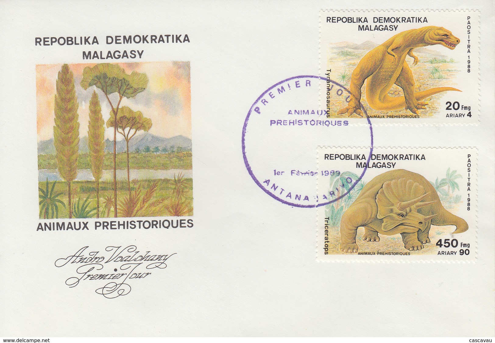 Enveloppe  FDC  1er  Jour    MADAGASCAR     ANIMAUX  PREHISTORIQUES   1989 - Preistorici