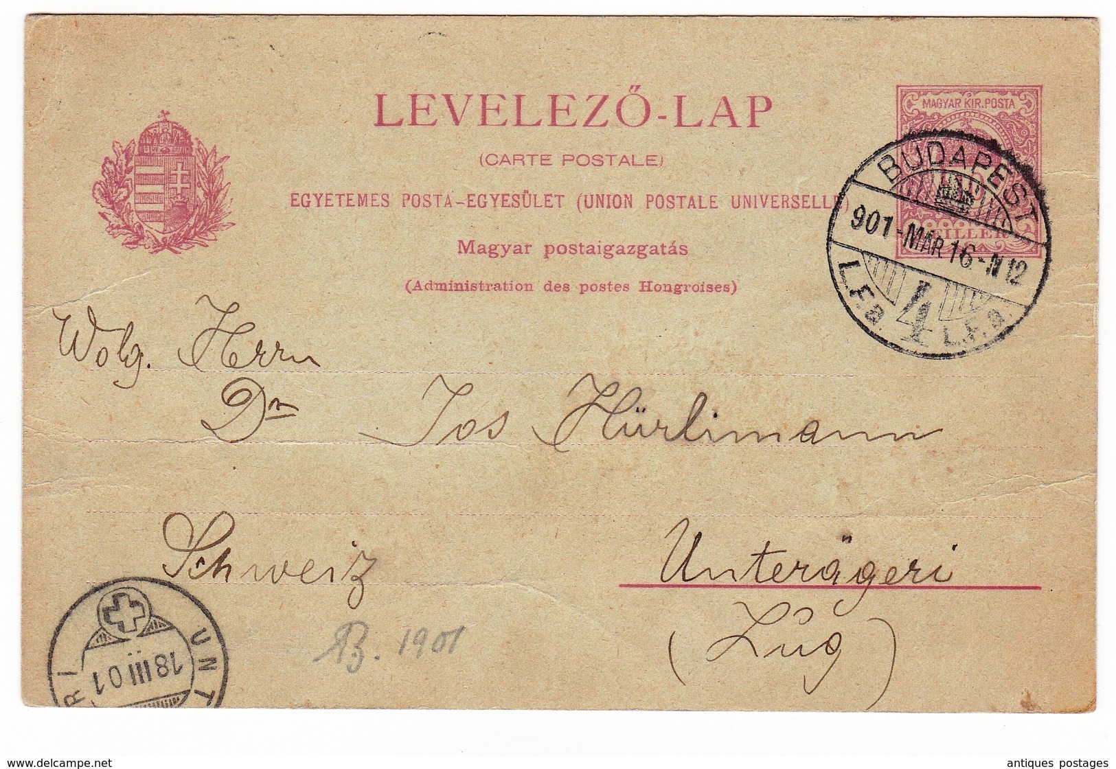 Entier Postal Budapest 1901 Hongrie Magyarország Hungary Suisse Unterägeri Schweiz - Colis Postaux