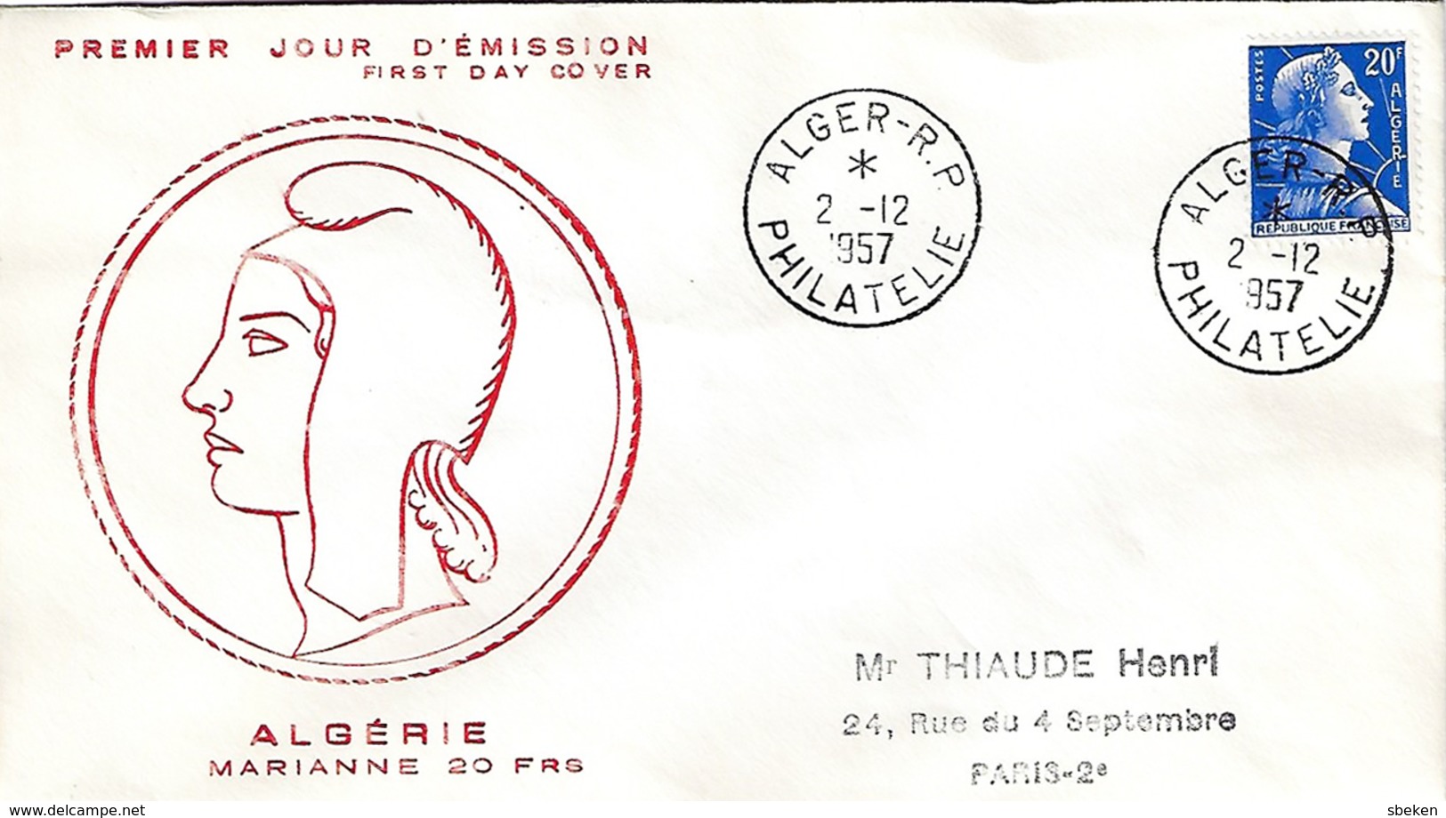 ALGÉRIE / ALGERIA 1957 FDC 1er JOUR - YT349 - Marianne De Muller - FDC