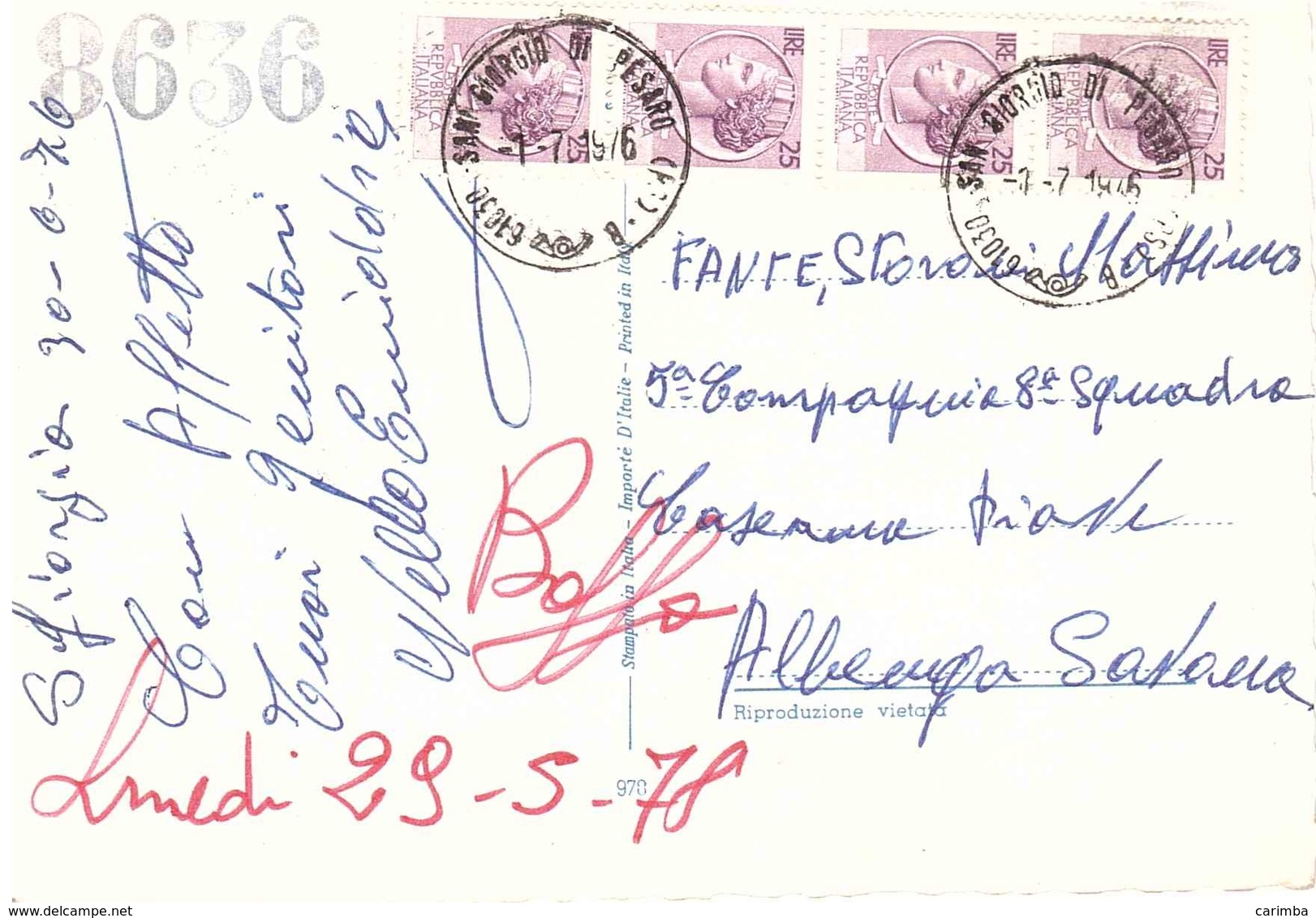 £25 SIRACUSANA 4 VAL. ANNULLO SAN GIORGIO DI PESARO - 1971-80: Storia Postale