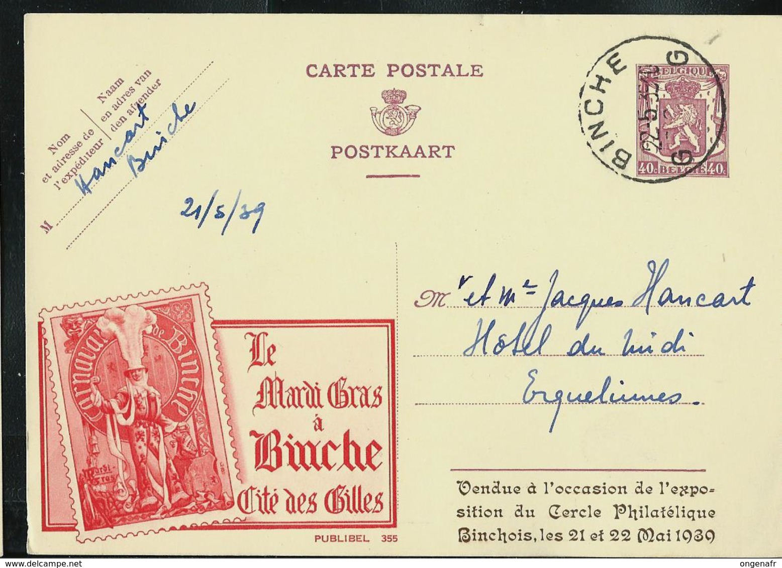 Publibel Obl. N° 355  Rouge( Le Mardi Gras à Binche Cité Des Gilles) Obl. Binche  G G   21/05/1939 - Werbepostkarten