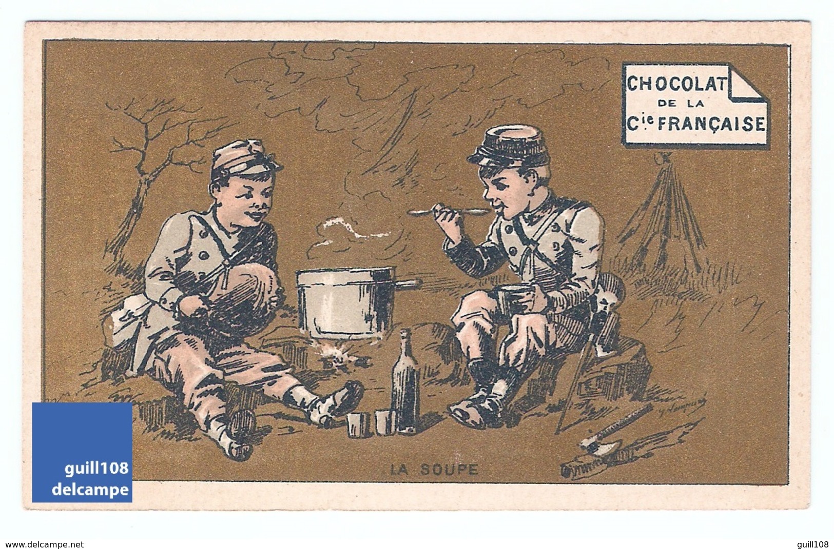 Jolie Chromo Dorée Soupe Feu Bivouac Militaire Militaria Armée French Victorian Trade Card Army Military Soldier A28-13 - Sonstige & Ohne Zuordnung