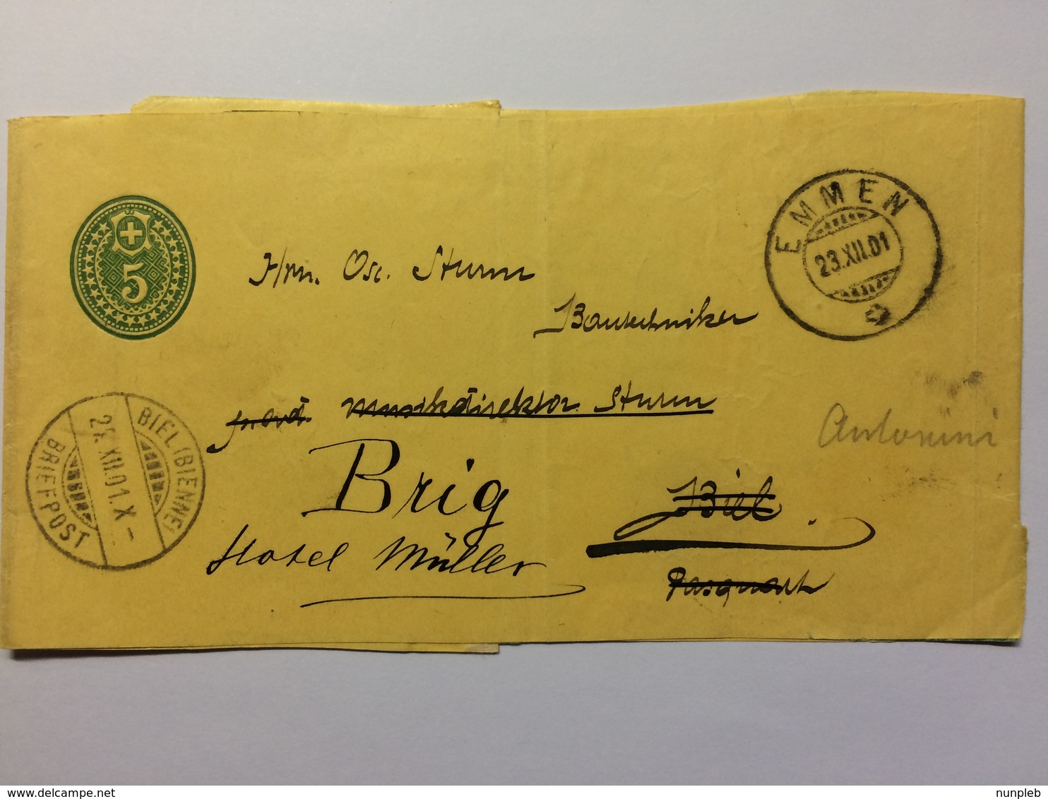 SWITZERLAND 1901 Newspaper Wrapper Emmen To Biel Re-directed To Brig - Lettres & Documents