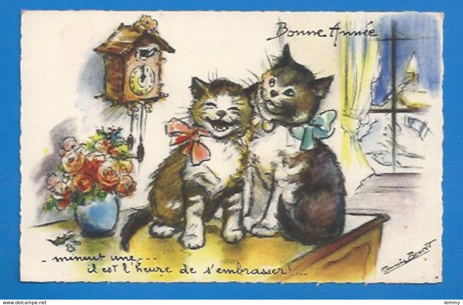 ILLUSTRATEUR : GERMAINE BOURET - CHATS - BONNE ANNÉE - MINUIT, L'HEURE DE S'EMBRASSER... M.D - VERSO - Bouret, Germaine