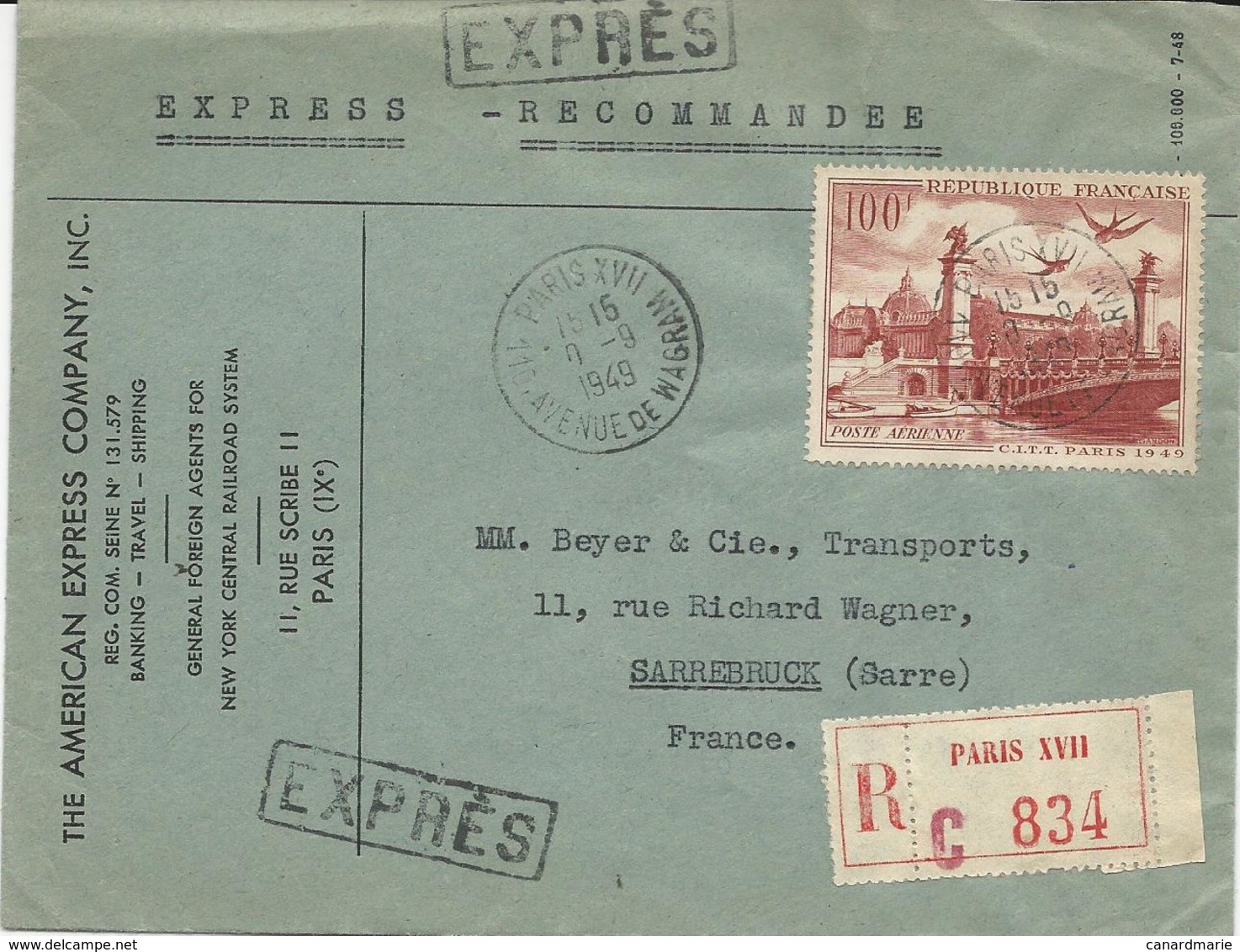 LETTRE RECOMMANDEE EXPRES POUR LA SARRE 1949 AVEC TIMBRE A 100 FR POSTE AERIENNE CONGRES C.I.T.T. PARIS - 1921-1960: Modern Period