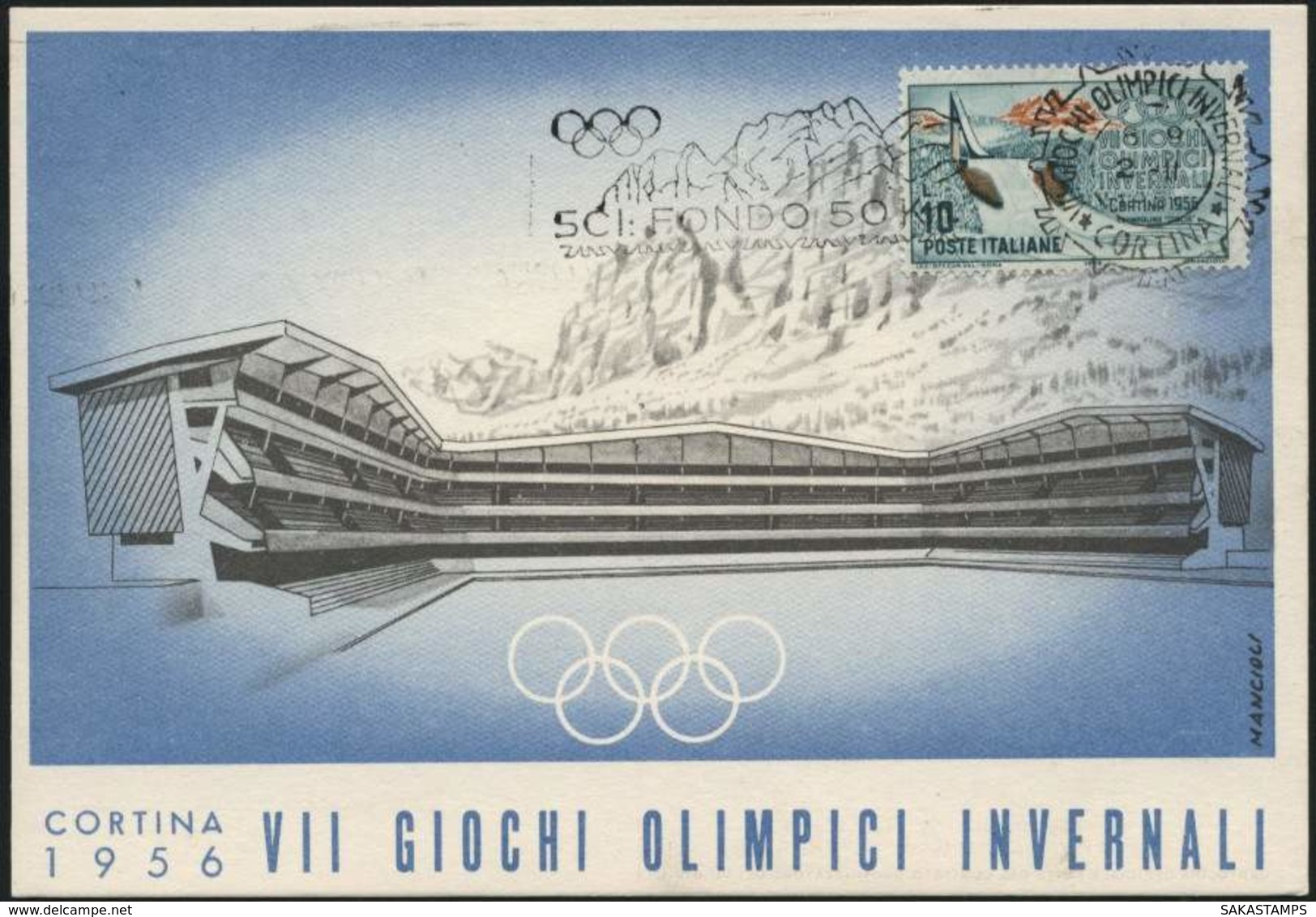 1956-Cortina Stadio Del Ghiaccio Cartolina Ufficiale Edita Dal Comitato Organizzatore Dei VII G.O.I.affrancata L.10 Con - 1946-60: Marcofilie