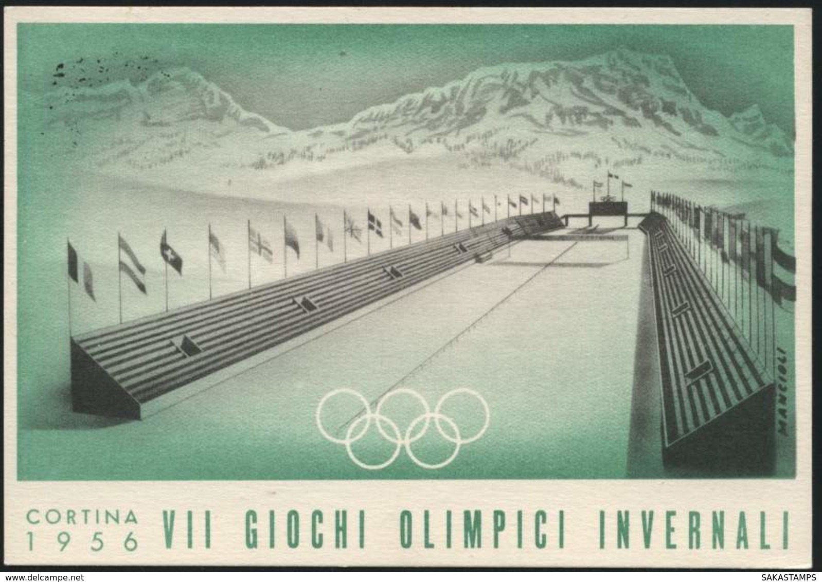 1956-Cortina Stadio Della Neve Cartolina Ufficiale Edita Dal Comitato Organizzatore Dei VII G.O.I.affrancata L.10 Con An - 1946-60: Storia Postale