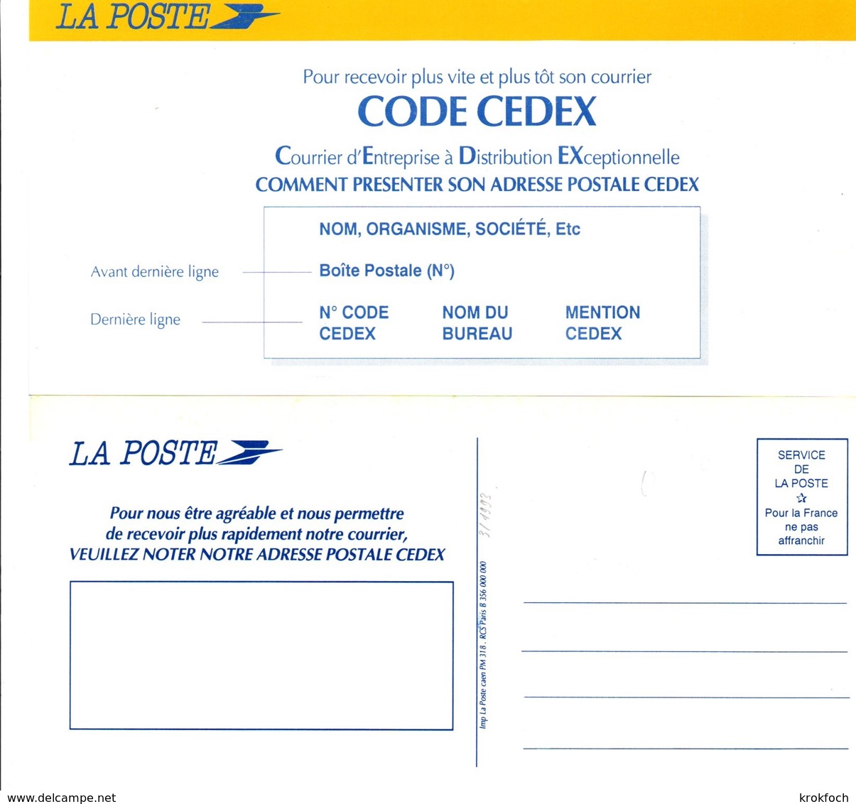 Carte En Franchise Suite Changement De Code Postal  Cedex - Scan Recto-verso - Sonstige & Ohne Zuordnung