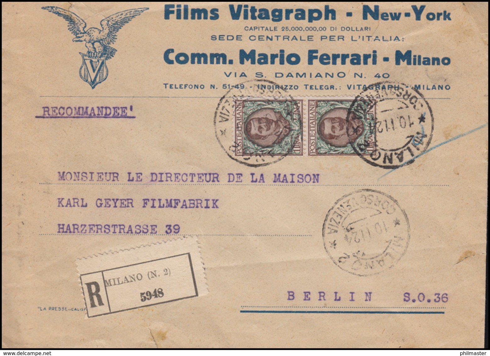 Italien 83 König Victor Emanuel MeF R-Brief Films Vitagraph MILANO 10.11.1924 - Non Classificati