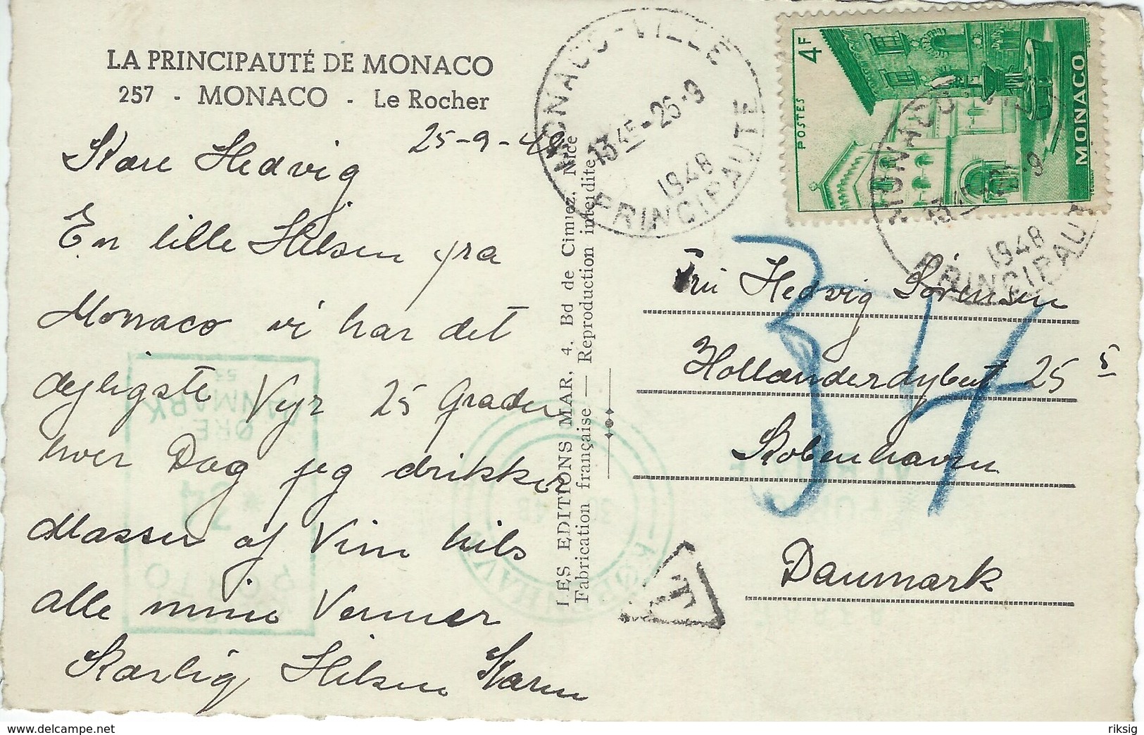 Monaco - Postcard - Postage Due. Sent To  Denmark 1948.    S-4718 - Covers & Documents