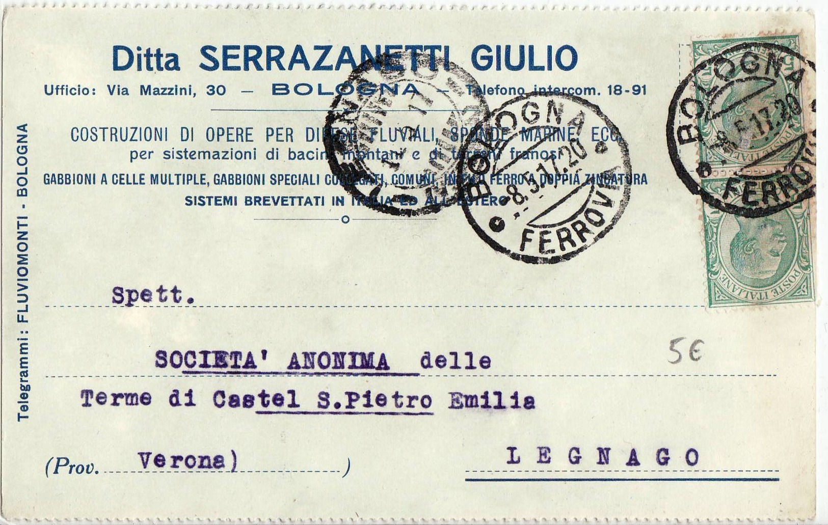 346 BOLOGNA SERRAZANETTI COSTR. DIFESE FLUVIALI SPONDE MARI X LEGNAGO - Storia Postale