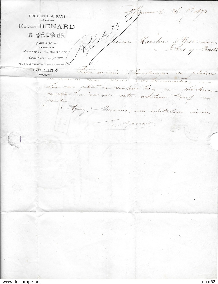 1873 FRANKREICH → Nachporto Brief Saumur Nach Ars-sur-Moselle  ►RAR◄ - 1871-1875 Cérès