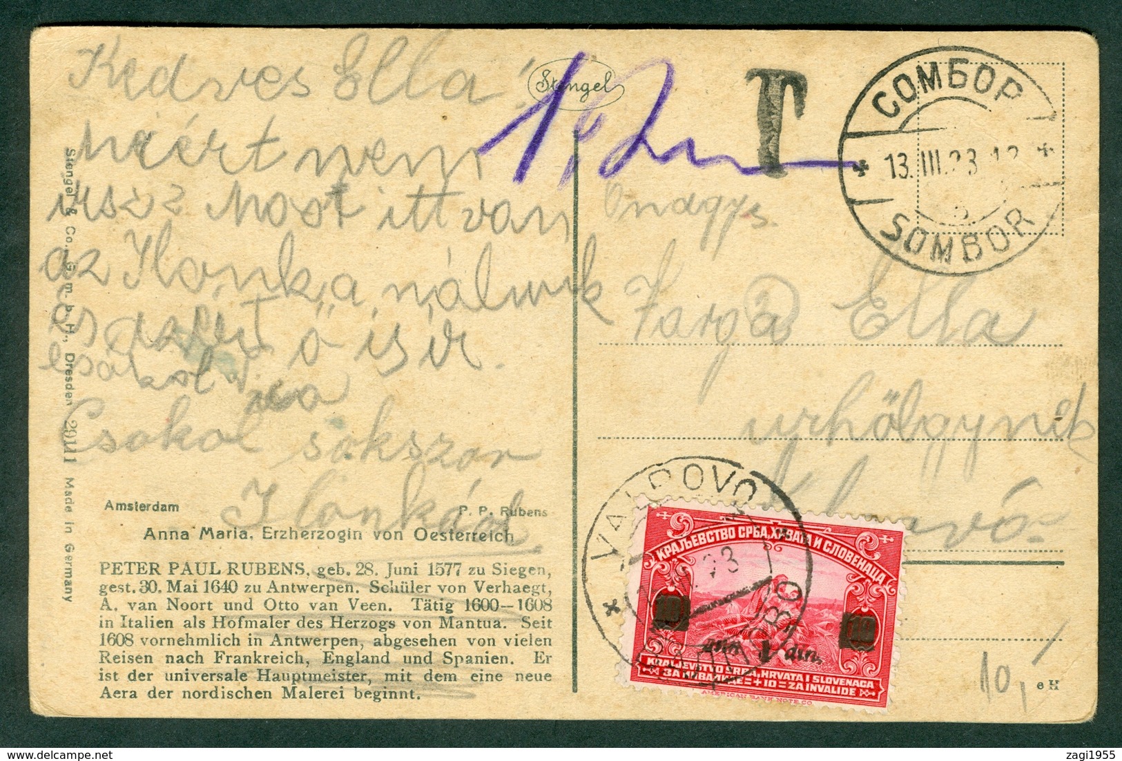 Yugoslavia 1923 From Sombor To Valpovo With No Postage T Cancel Porto Paid Letter Cover Rubens Ana Maria Austria - Covers & Documents