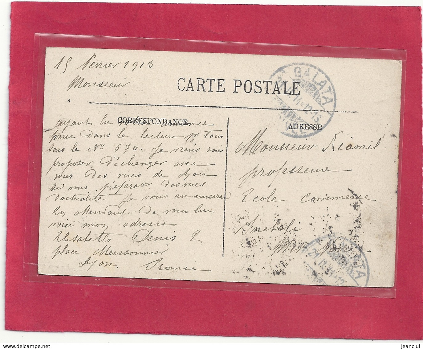 61. LYON . LA PREFECTURE ET ENSEMBLE DES JARDINS . CARTE AFFR SUR RECTO LE 18-2-1914 + CACHET POSTAL De " GALATA " 2 SCA - Lyon 3